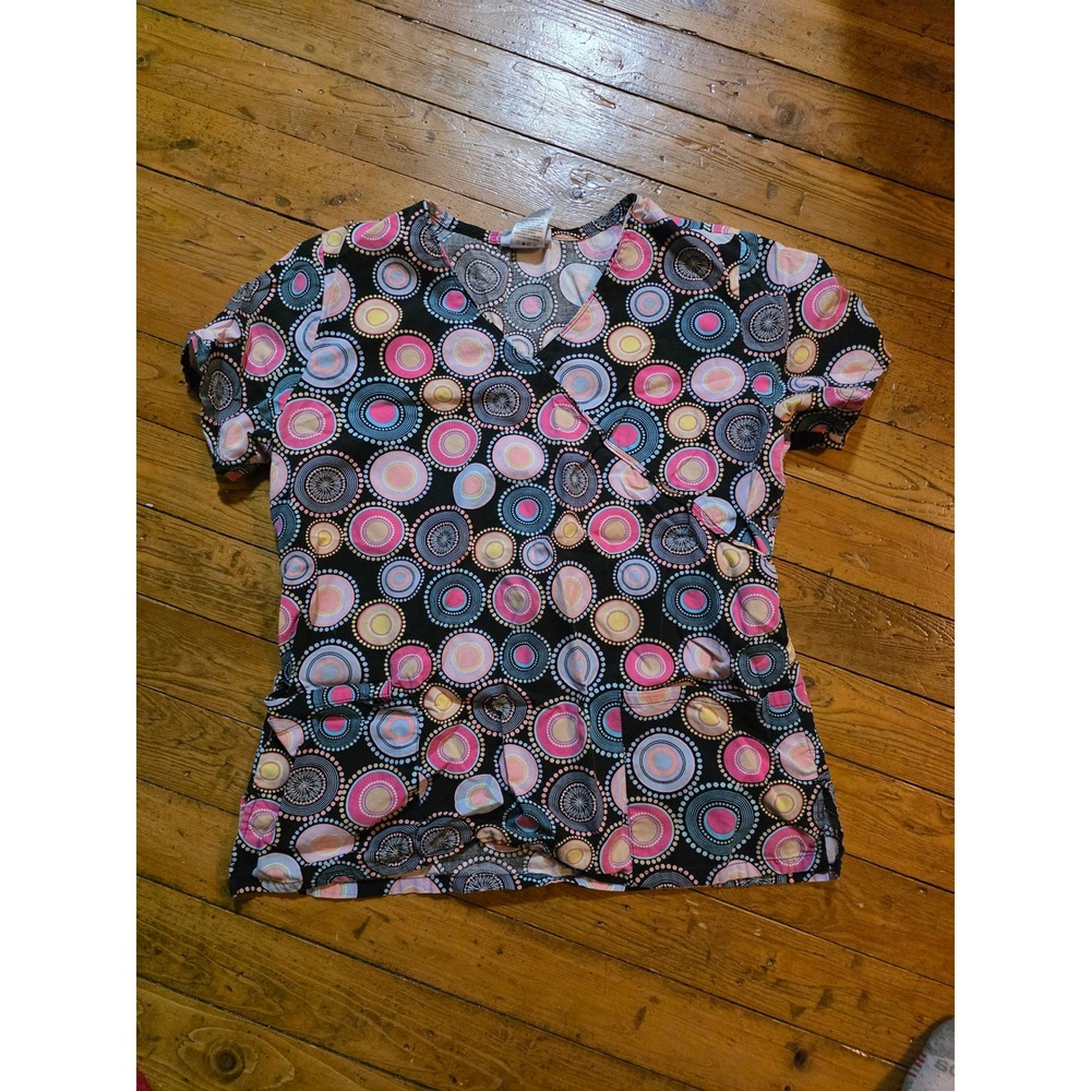 SB Scrubs Womens Medium V-Neck Mock Wrap Scrub Top Pink Blue Circle Print Cotton